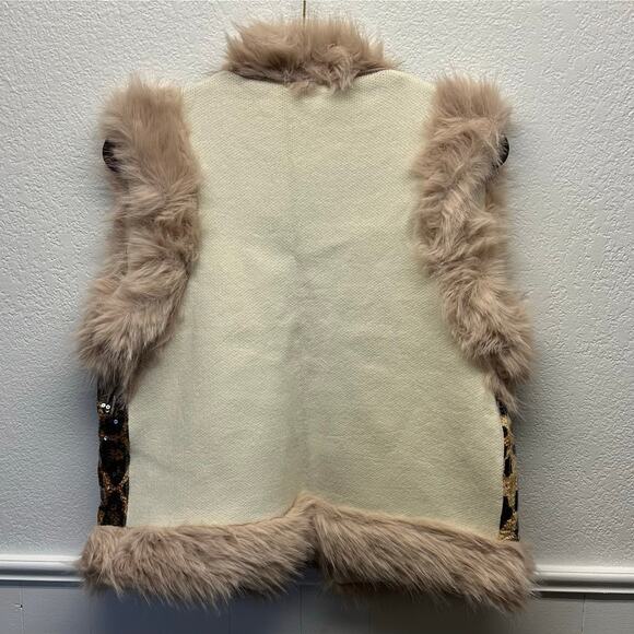 NWT, Women’s One-Size Leopard Sequin Faux Fur Trim Vest, K643 - Picture 11 of 14